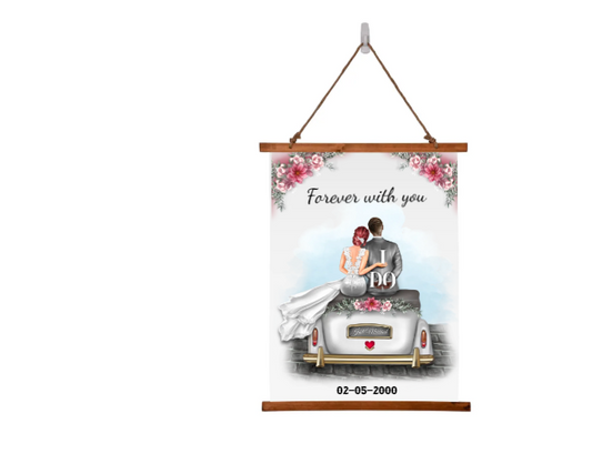 just married Wood Framed Wall Tapestry (Portrait)