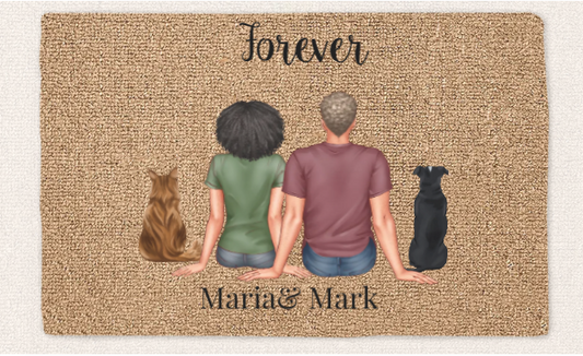 Personalized Couple With Pet Welcome Mat